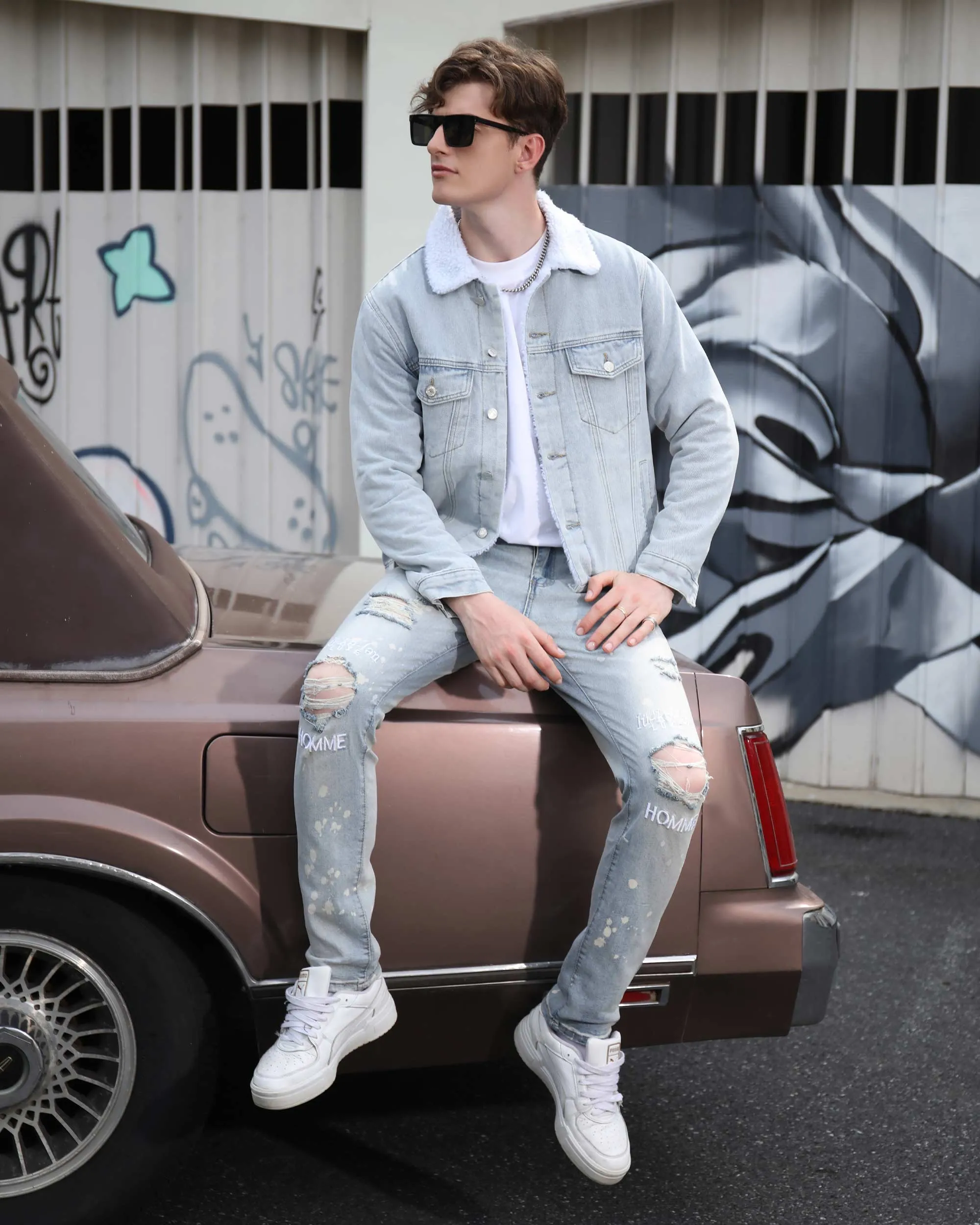 Spray Painted Light Blue Ripped Jeans with Text Embroidery-Mexico Local Delivery