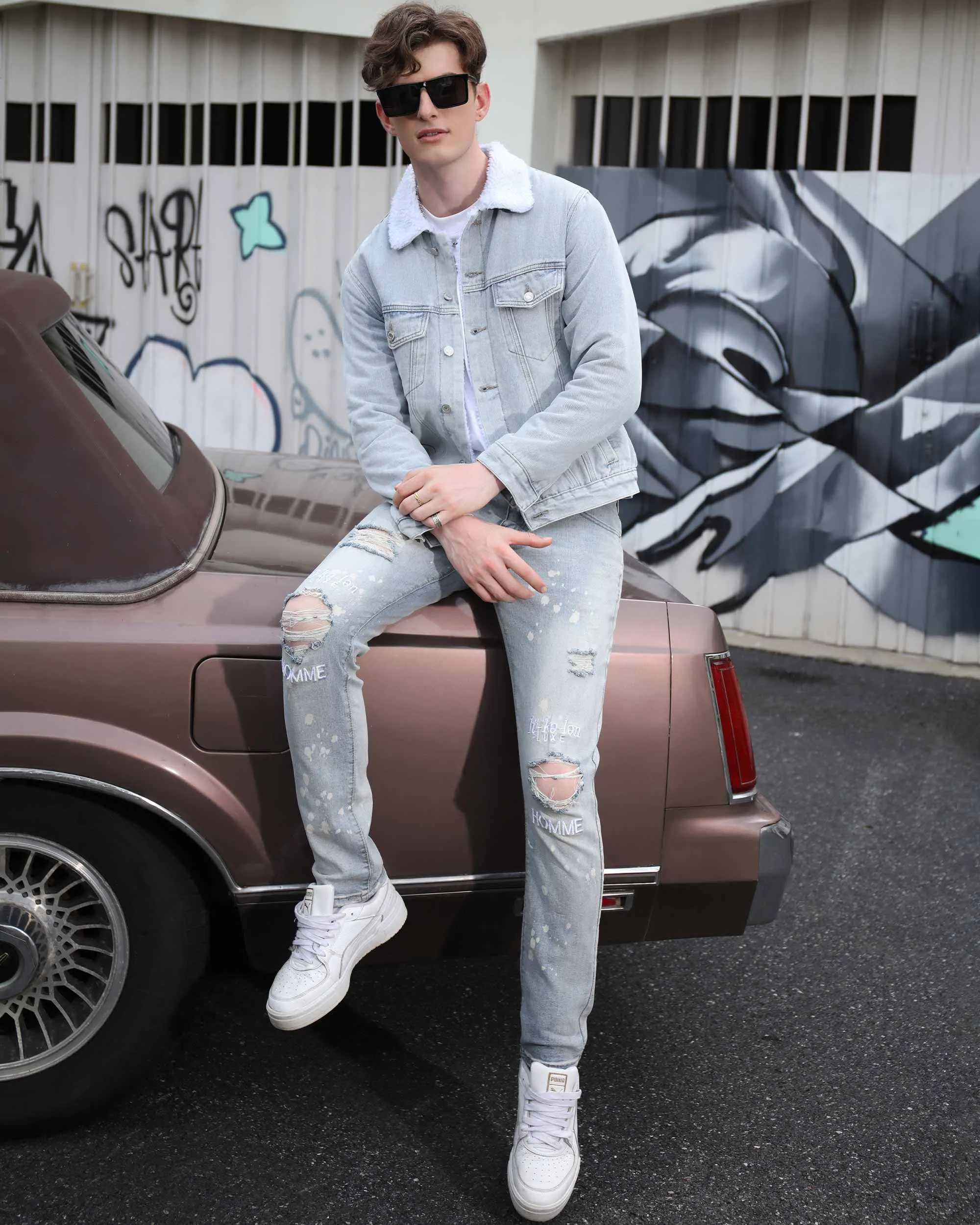 Spray Painted Light Blue Ripped Jeans with Text Embroidery-Mexico Local Delivery