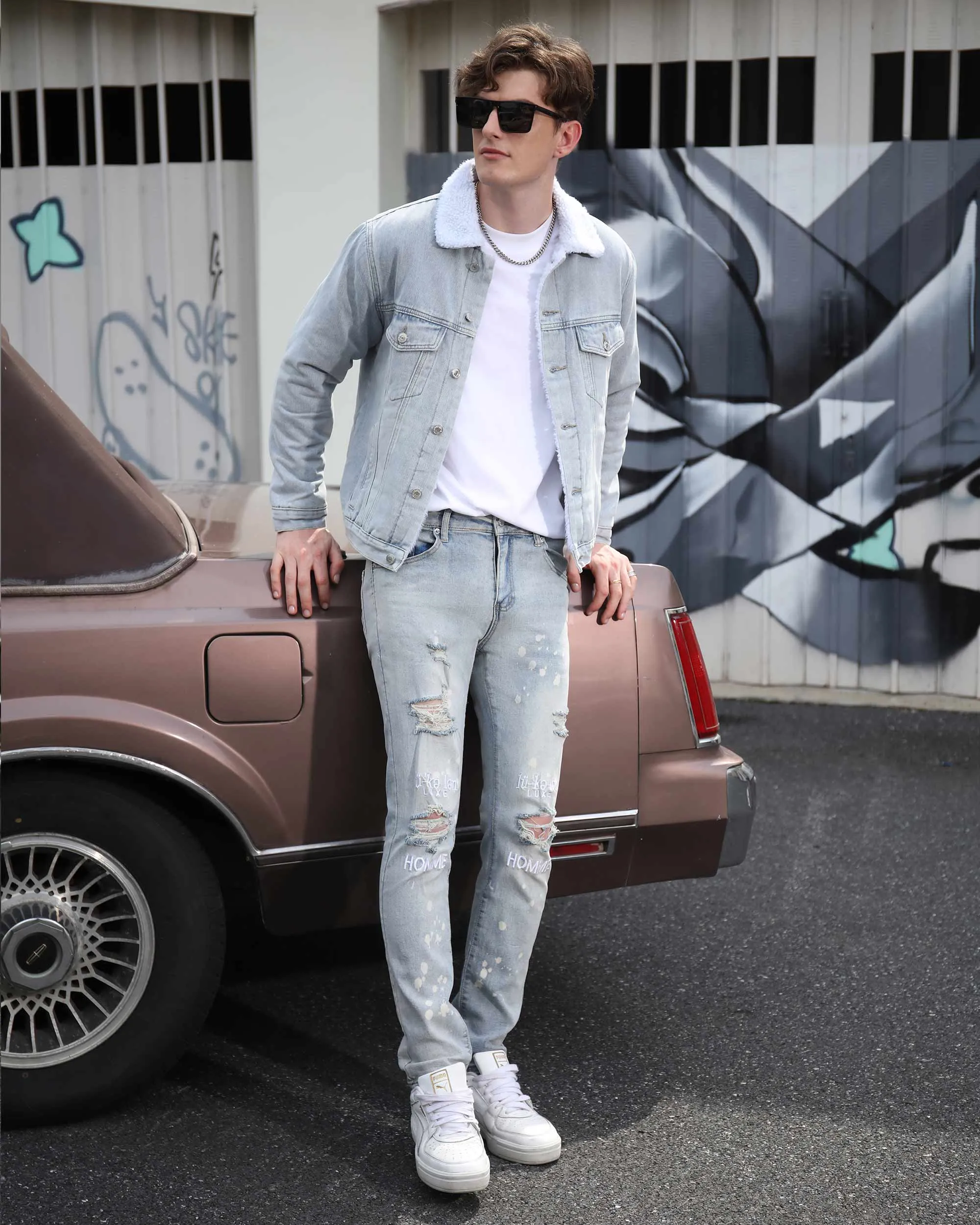 Spray Painted Light Blue Ripped Jeans with Text Embroidery-Mexico Local Delivery