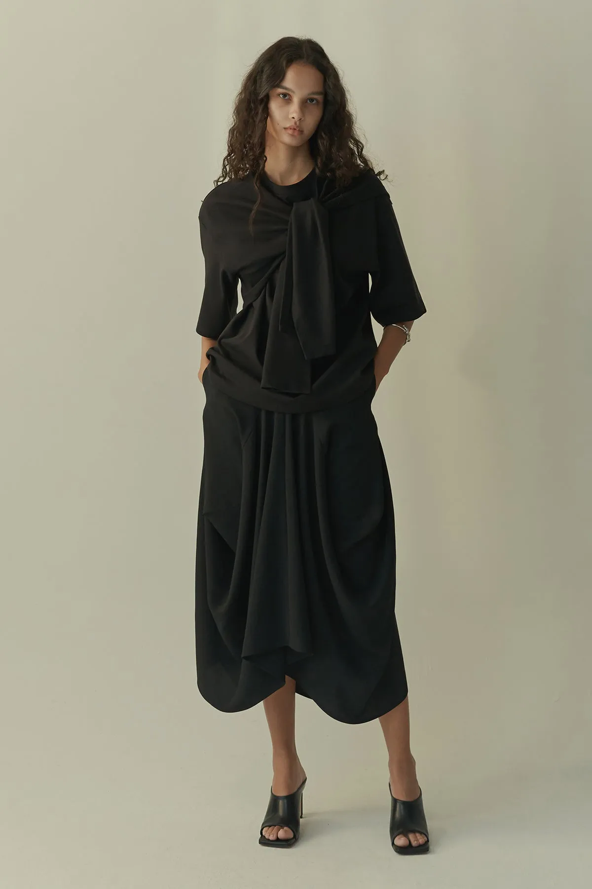 Structured draping crepe midi skirt