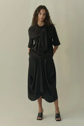 Structured draping crepe midi skirt
