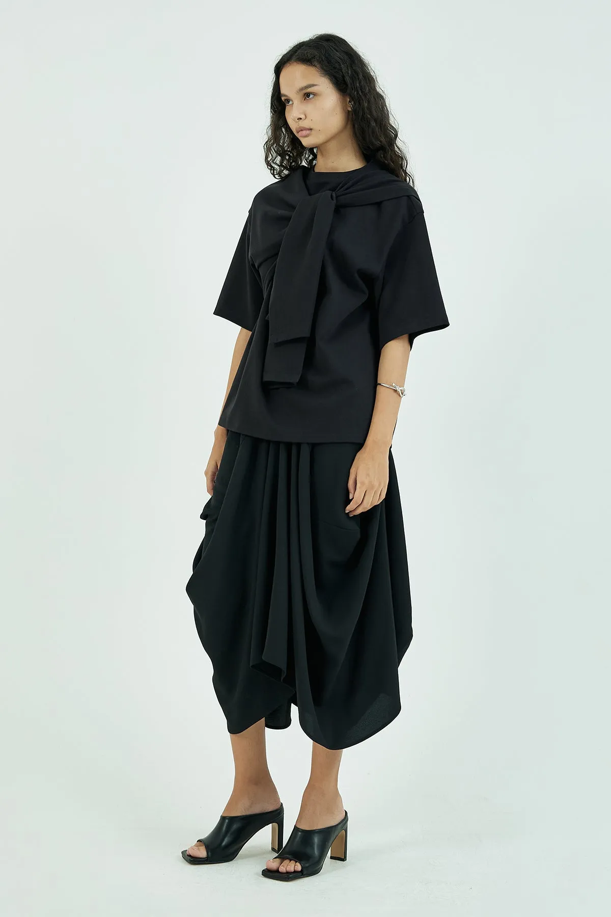 Structured draping crepe midi skirt