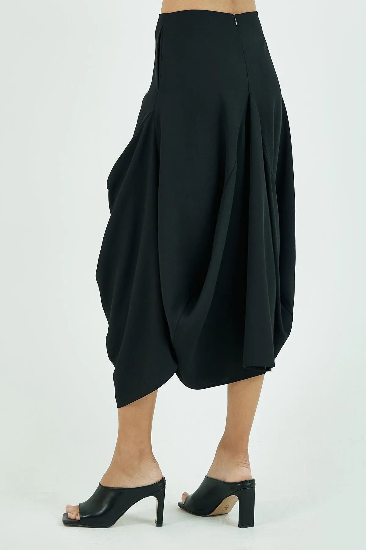 Structured draping crepe midi skirt