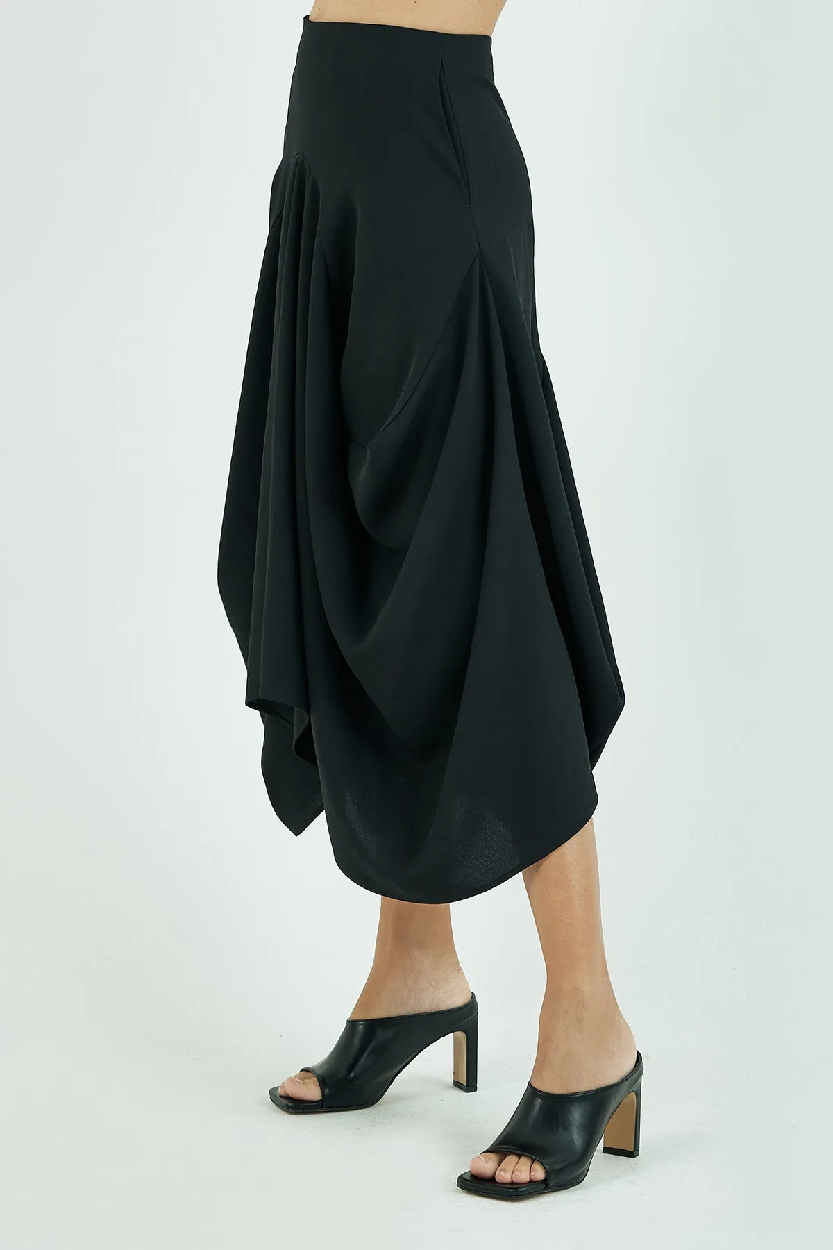 Structured draping crepe midi skirt