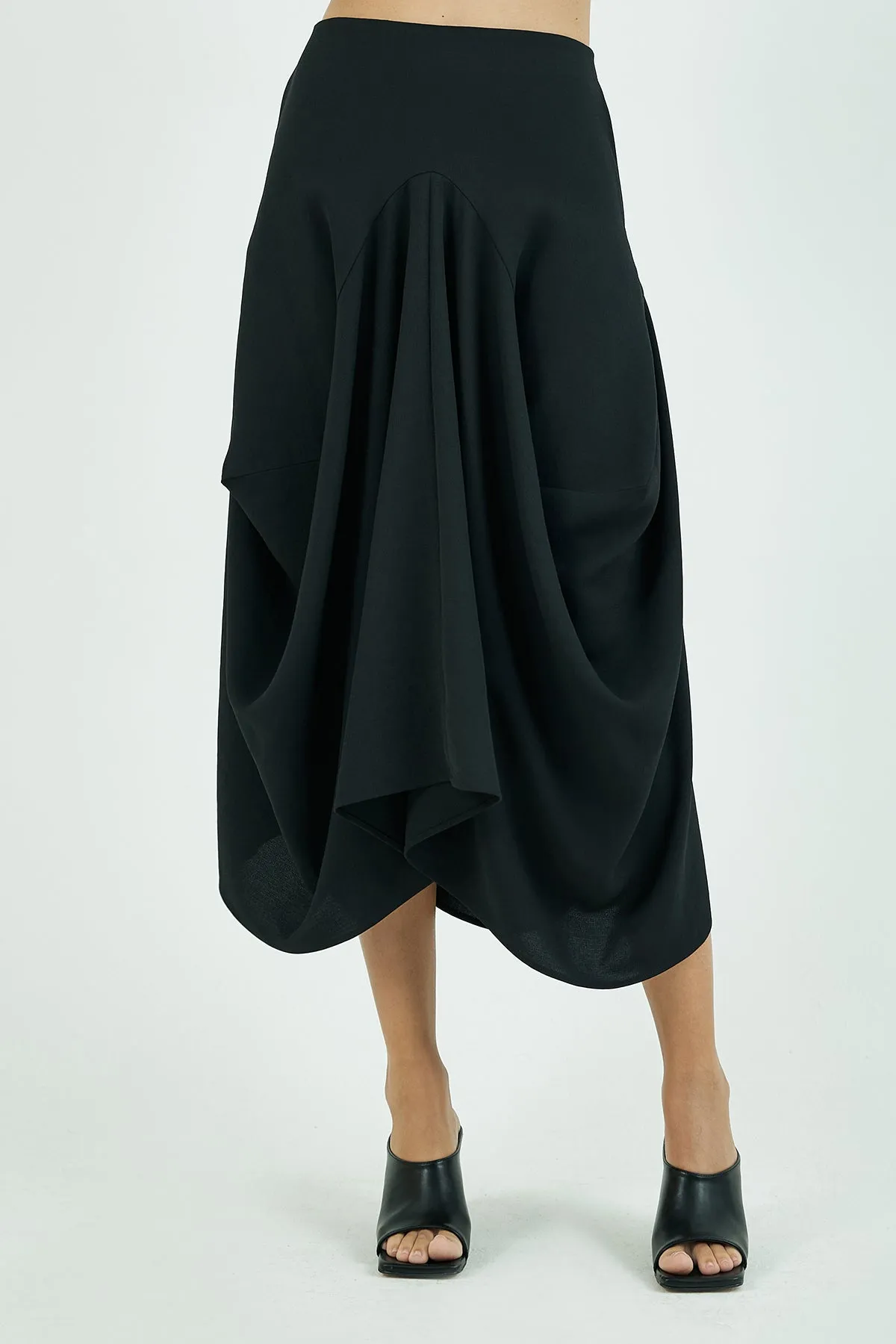 Structured draping crepe midi skirt