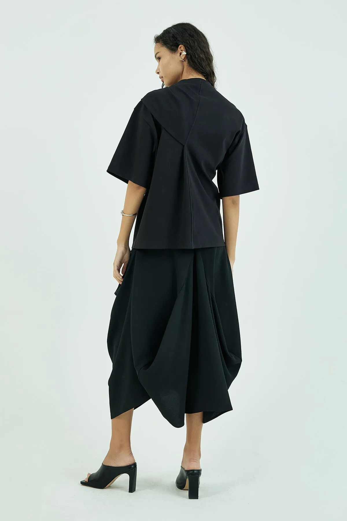 Structured draping crepe midi skirt