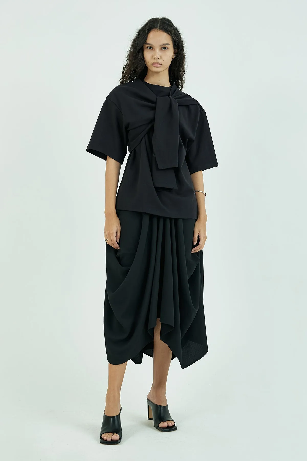 Structured draping crepe midi skirt