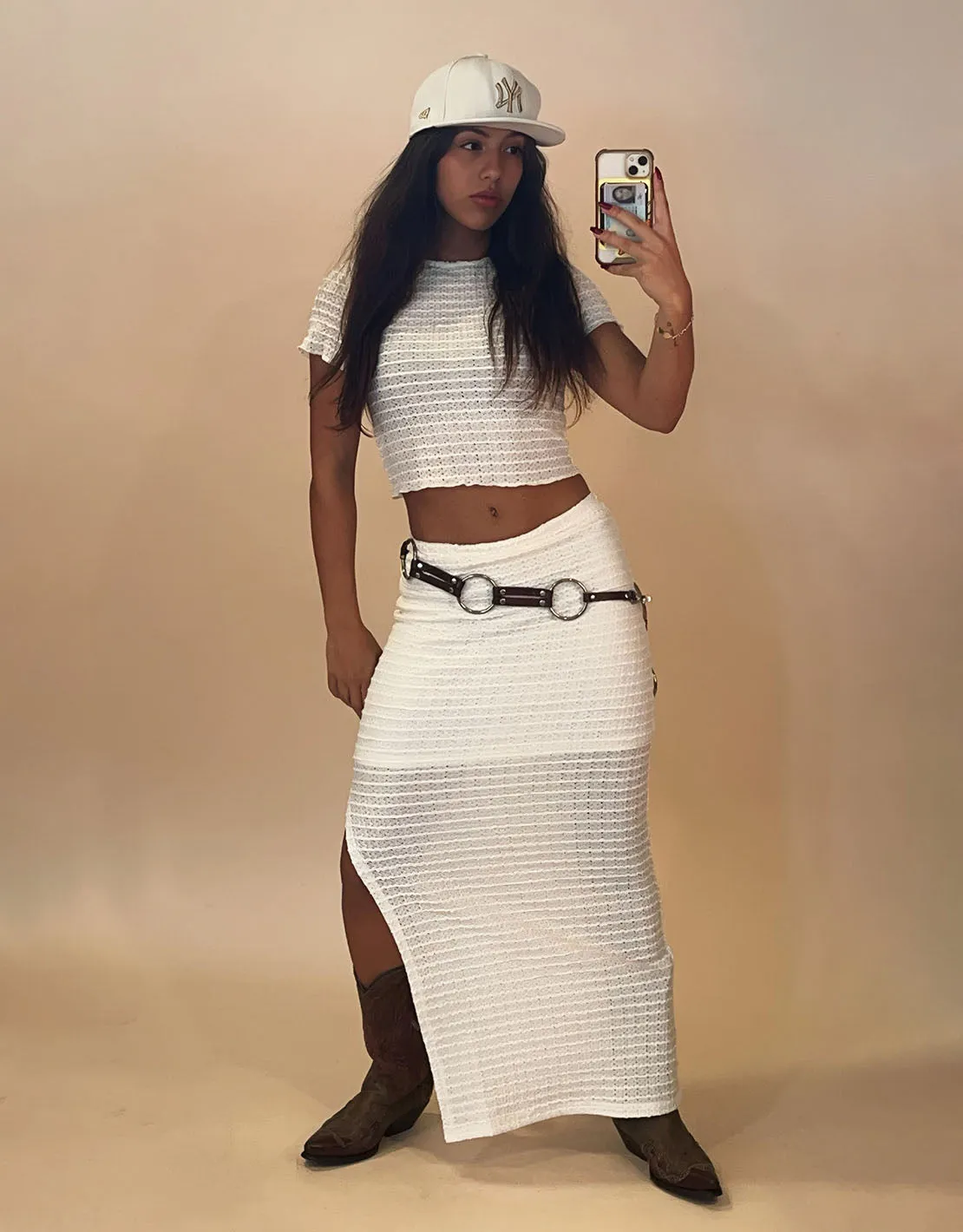 Structured print side split skirt