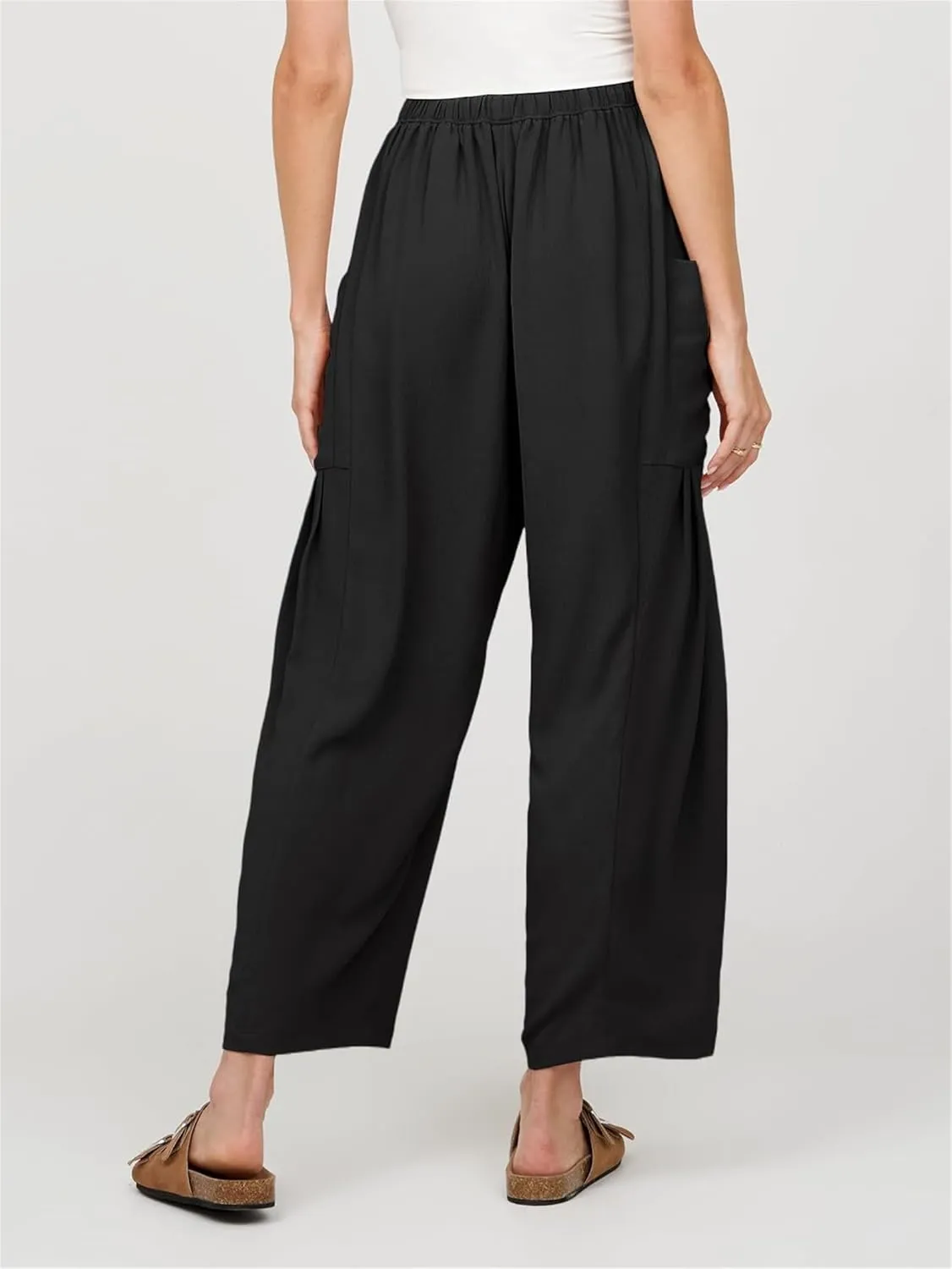 Summer Womens Capri Pants Loose Boho Wide Leg Cropped Pants Casual High Waist Drawstring Palazzo Pant with Pockets