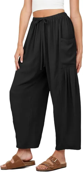 Summer Womens Capri Pants Loose Boho Wide Leg Cropped Pants Casual High Waist Drawstring Palazzo Pant with Pockets