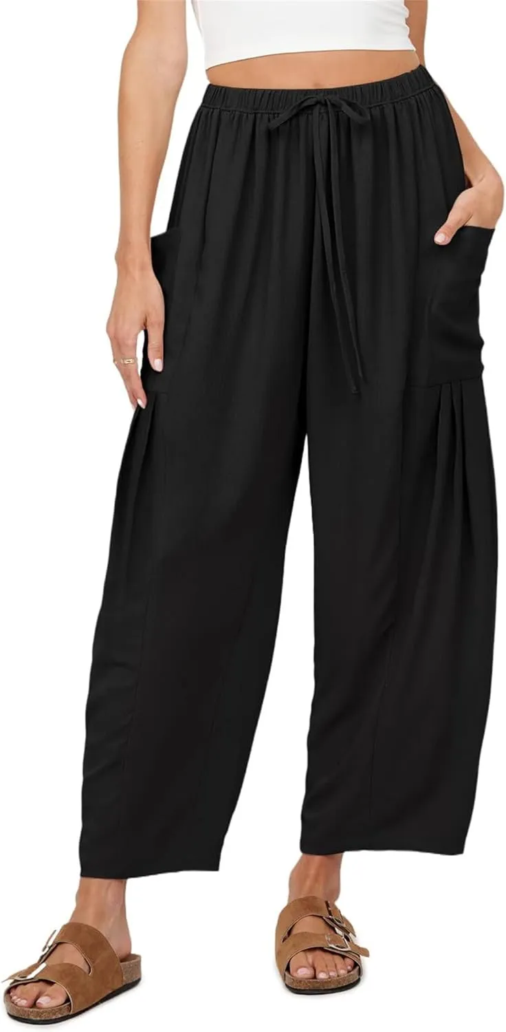 Summer Womens Capri Pants Loose Boho Wide Leg Cropped Pants Casual High Waist Drawstring Palazzo Pant with Pockets
