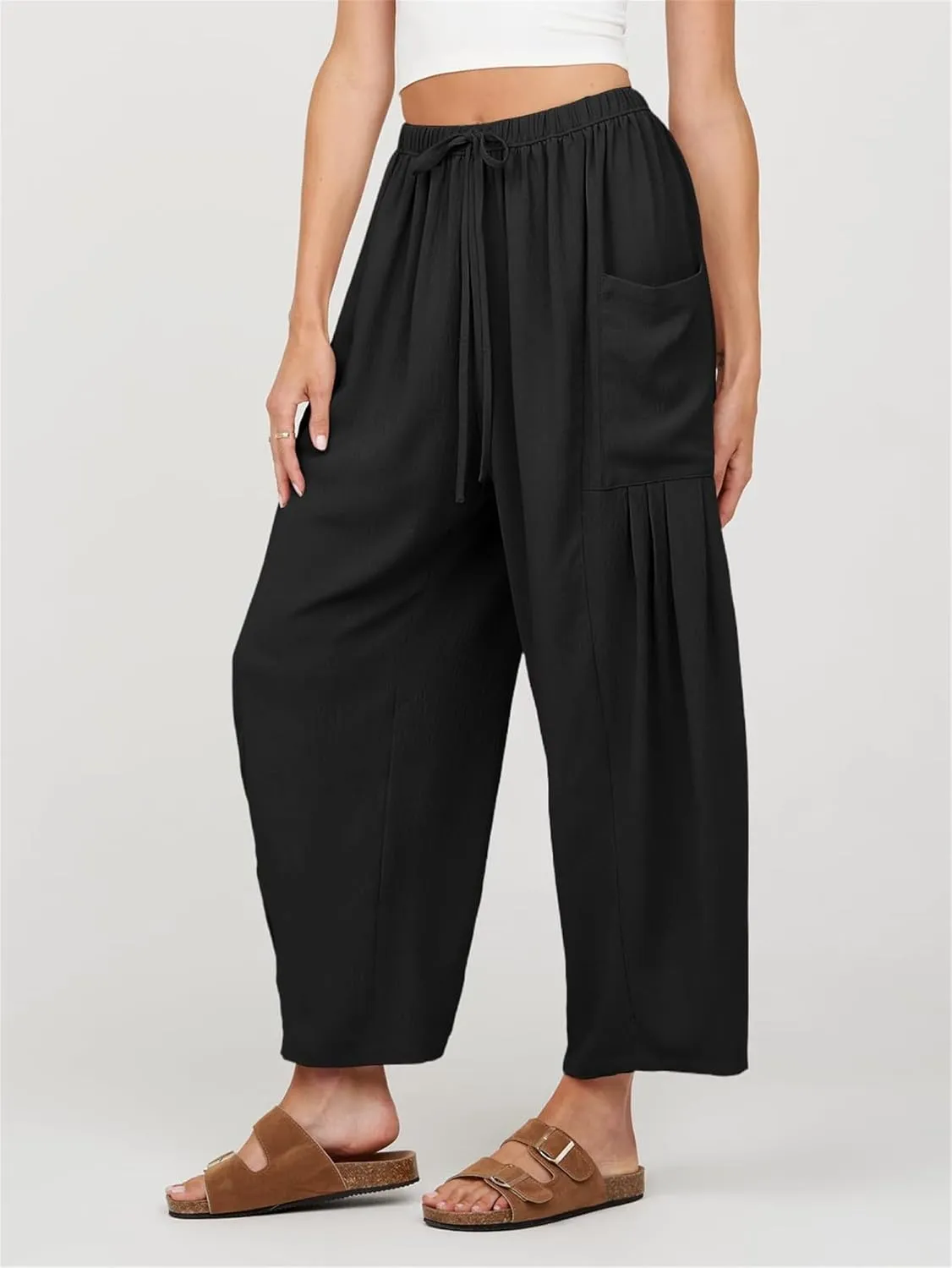 Summer Womens Capri Pants Loose Boho Wide Leg Cropped Pants Casual High Waist Drawstring Palazzo Pant with Pockets