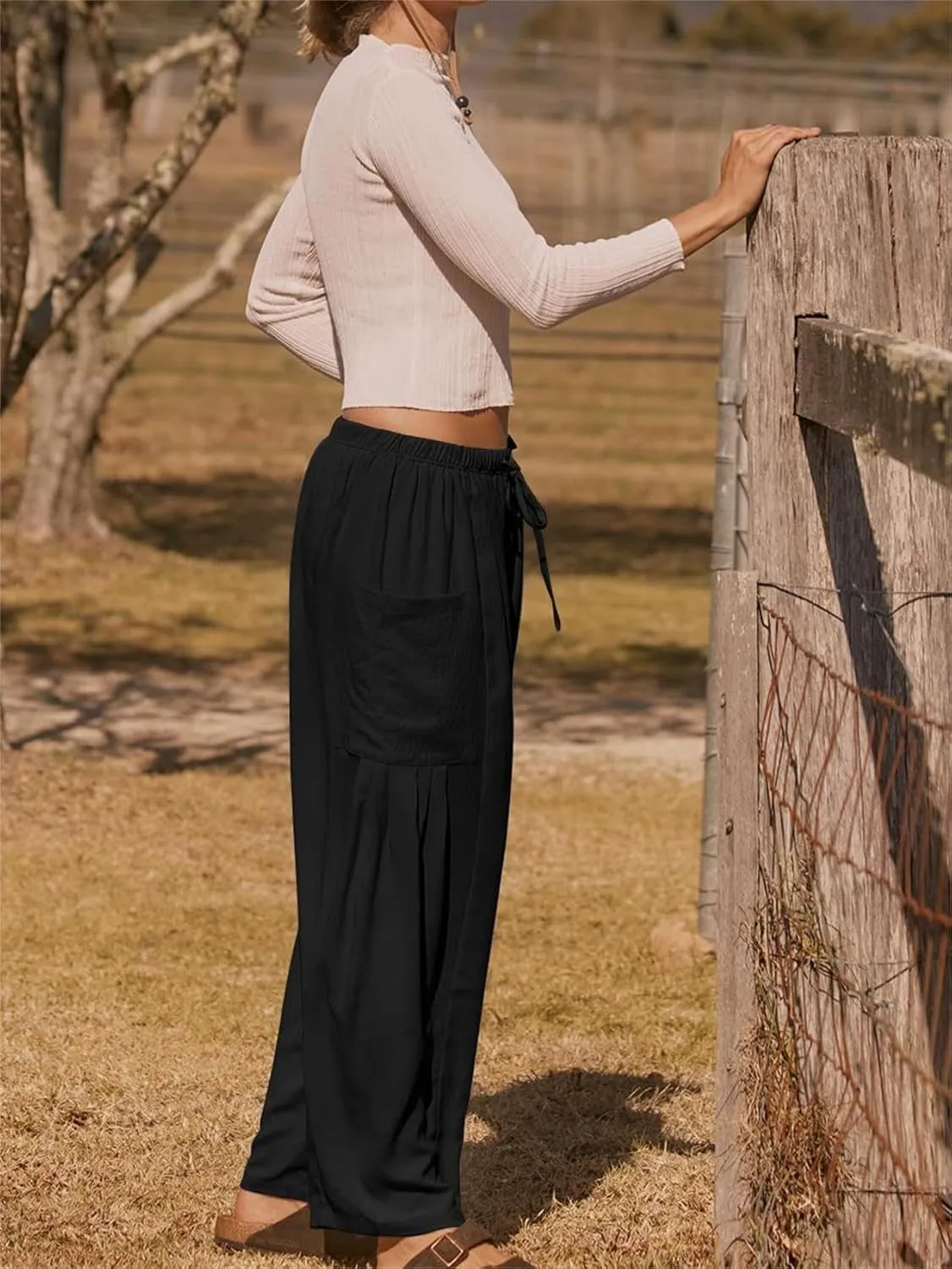Summer Womens Capri Pants Loose Boho Wide Leg Cropped Pants Casual High Waist Drawstring Palazzo Pant with Pockets