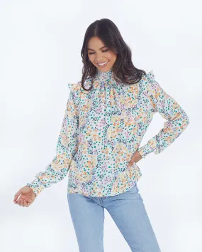 The Silky Mock Neck Blouse - Wildflower Fields in Sunshine & Coral