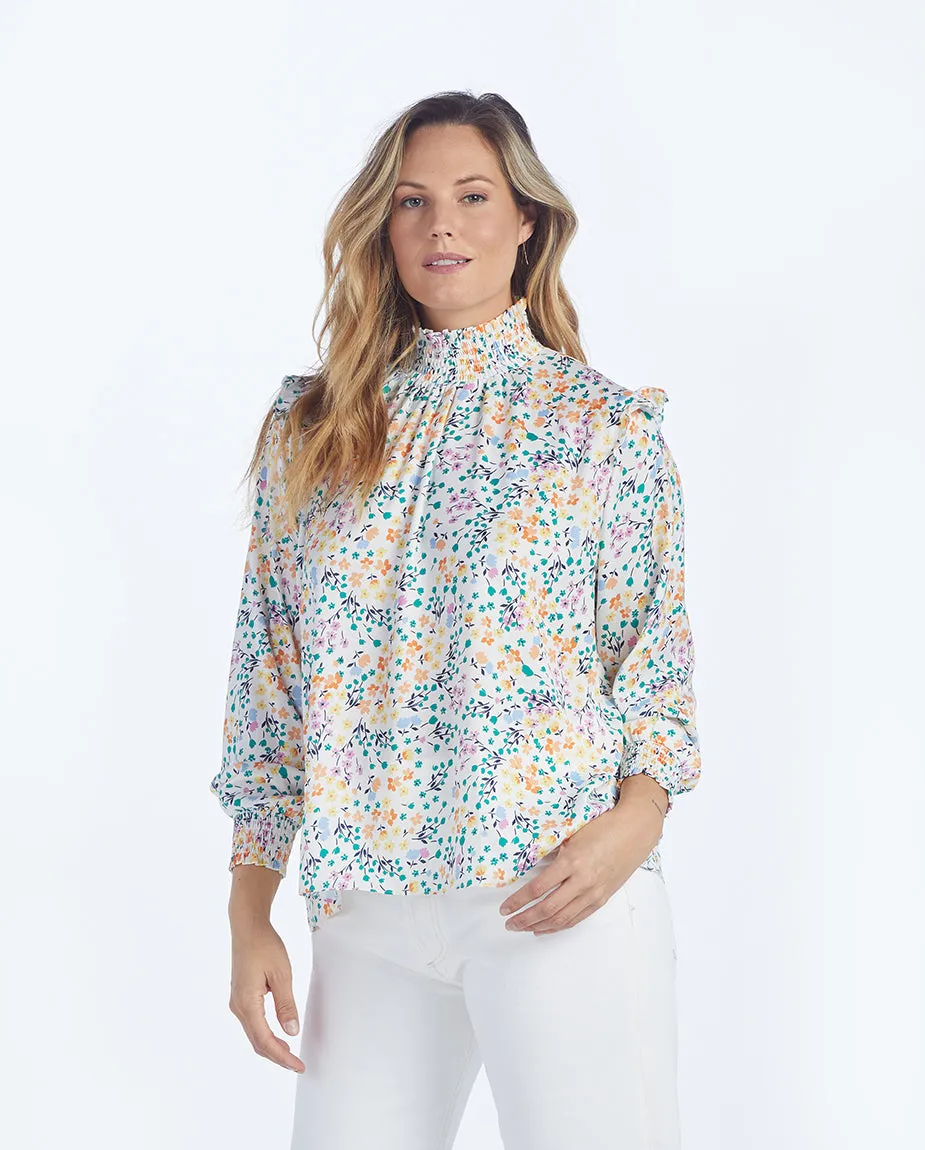 The Silky Mock Neck Blouse - Wildflower Fields in Sunshine & Coral