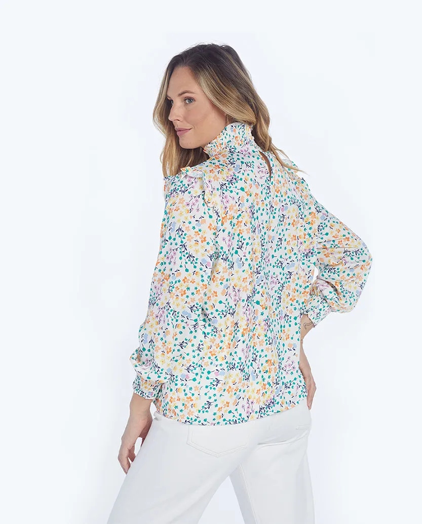 The Silky Mock Neck Blouse - Wildflower Fields in Sunshine & Coral