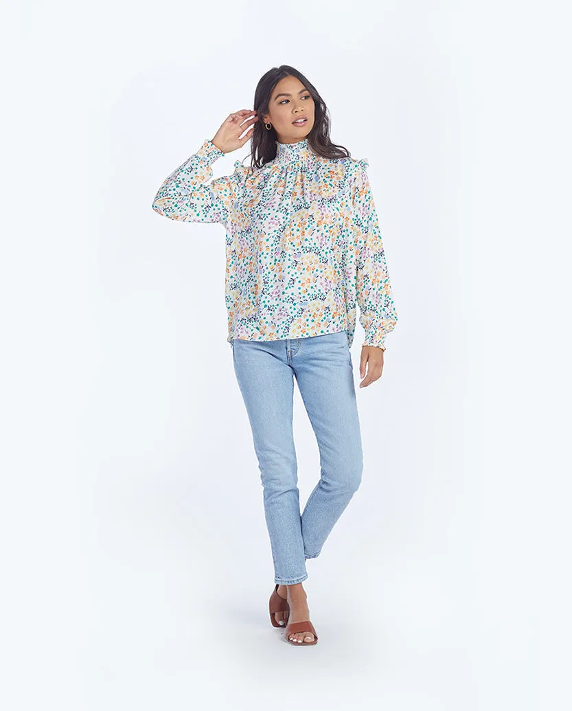 The Silky Mock Neck Blouse - Wildflower Fields in Sunshine & Coral