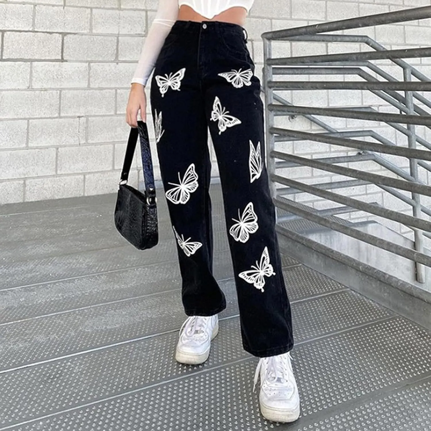 Women Straight Trousers Denim Color High Jeans Trousers Print Waist Women's Solid Loose Women's Jeans