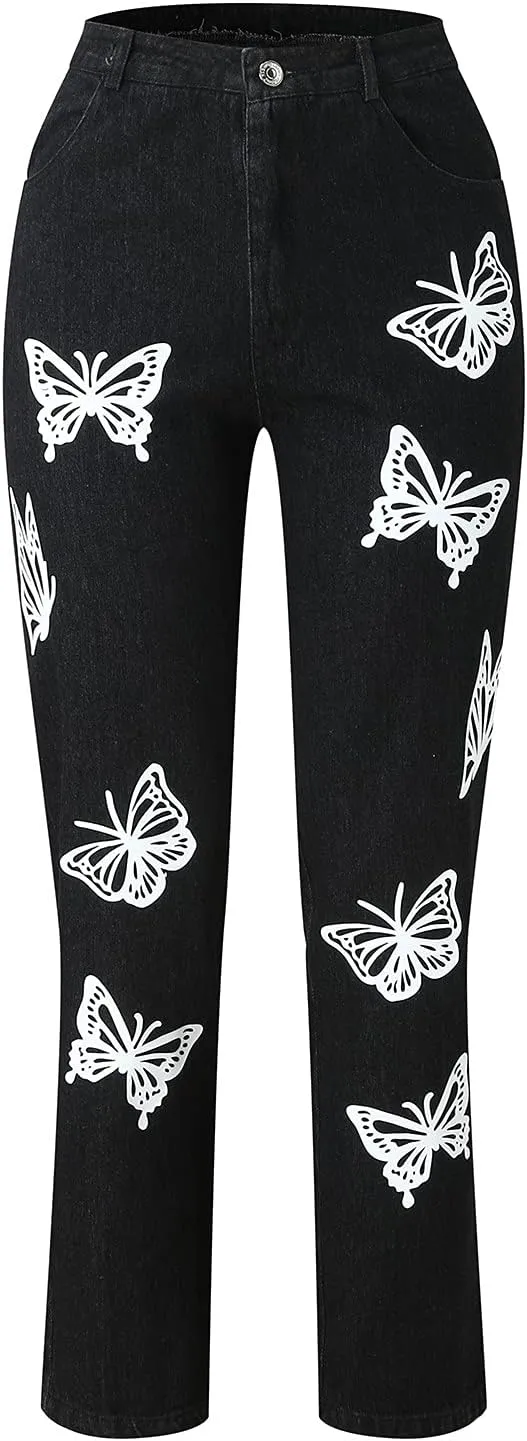 Women Straight Trousers Denim Color High Jeans Trousers Print Waist Women's Solid Loose Women's Jeans