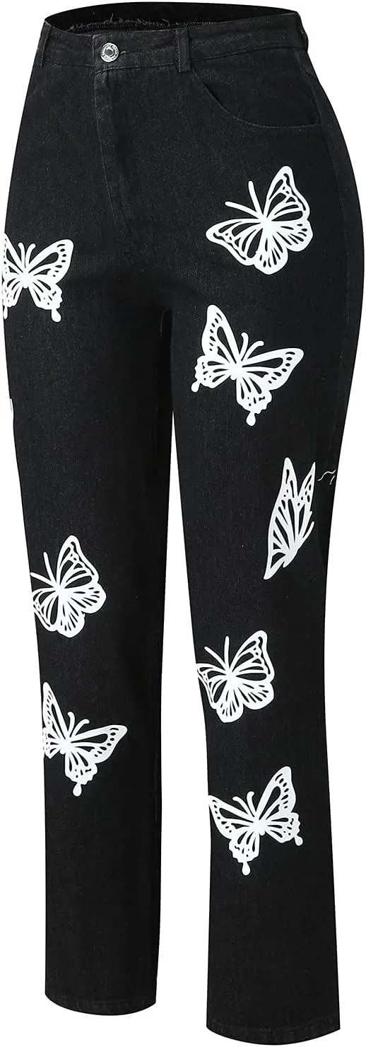 Women Straight Trousers Denim Color High Jeans Trousers Print Waist Women's Solid Loose Women's Jeans