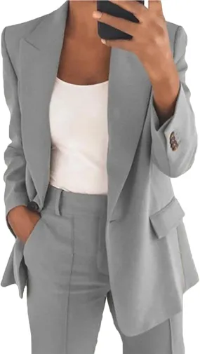 Women's 2 Piece Solid Long Sleeve Blazer and Pants Business Office Suit Set Casual Shoulder Pad Blazer Work Jackets