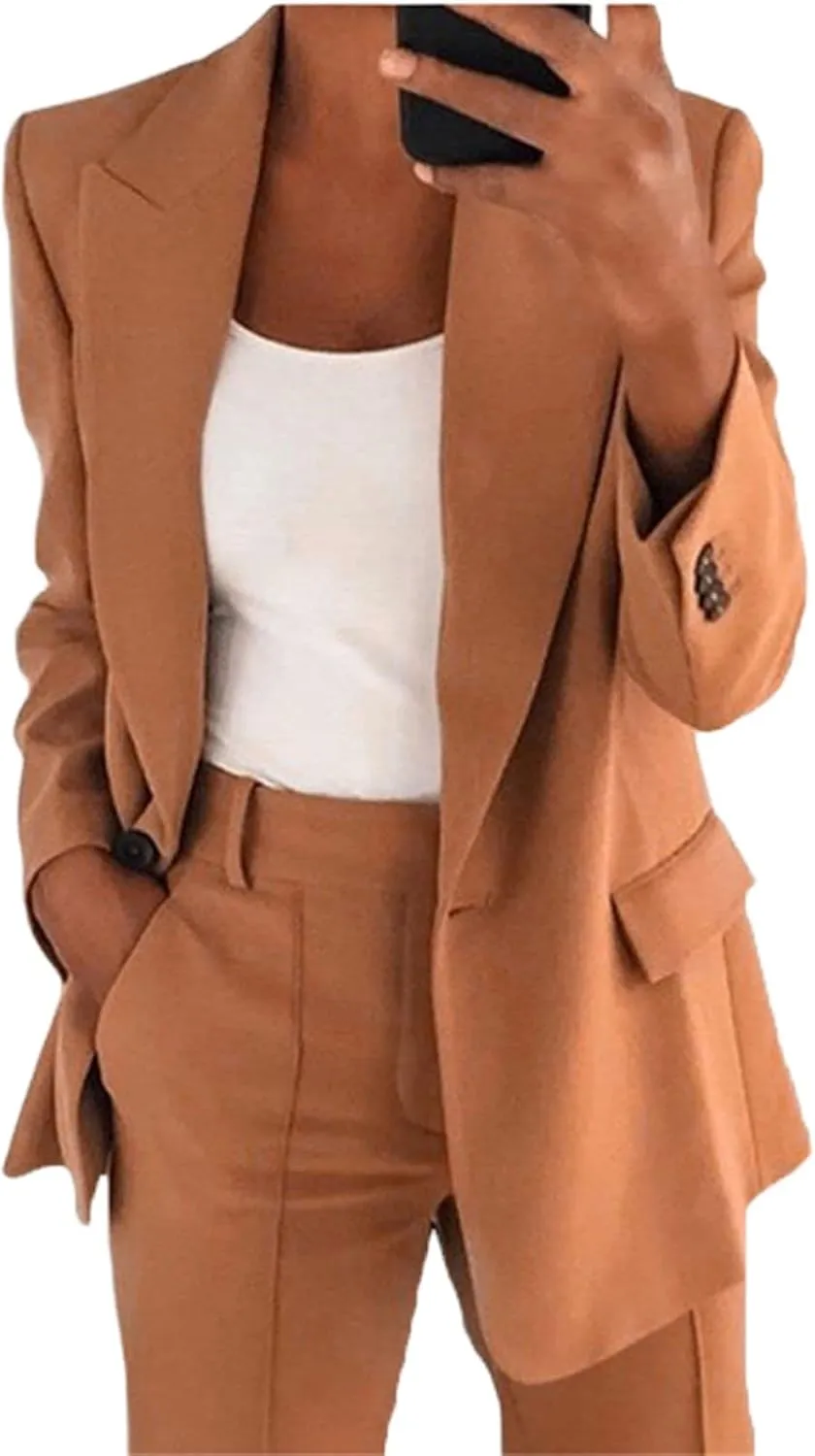 Women's 2 Piece Solid Long Sleeve Blazer and Pants Business Office Suit Set Casual Shoulder Pad Blazer Work Jackets