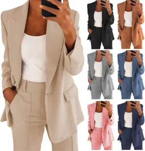 Women's 2 Piece Solid Long Sleeve Blazer and Pants Business Office Suit Set Casual Shoulder Pad Blazer Work Jackets