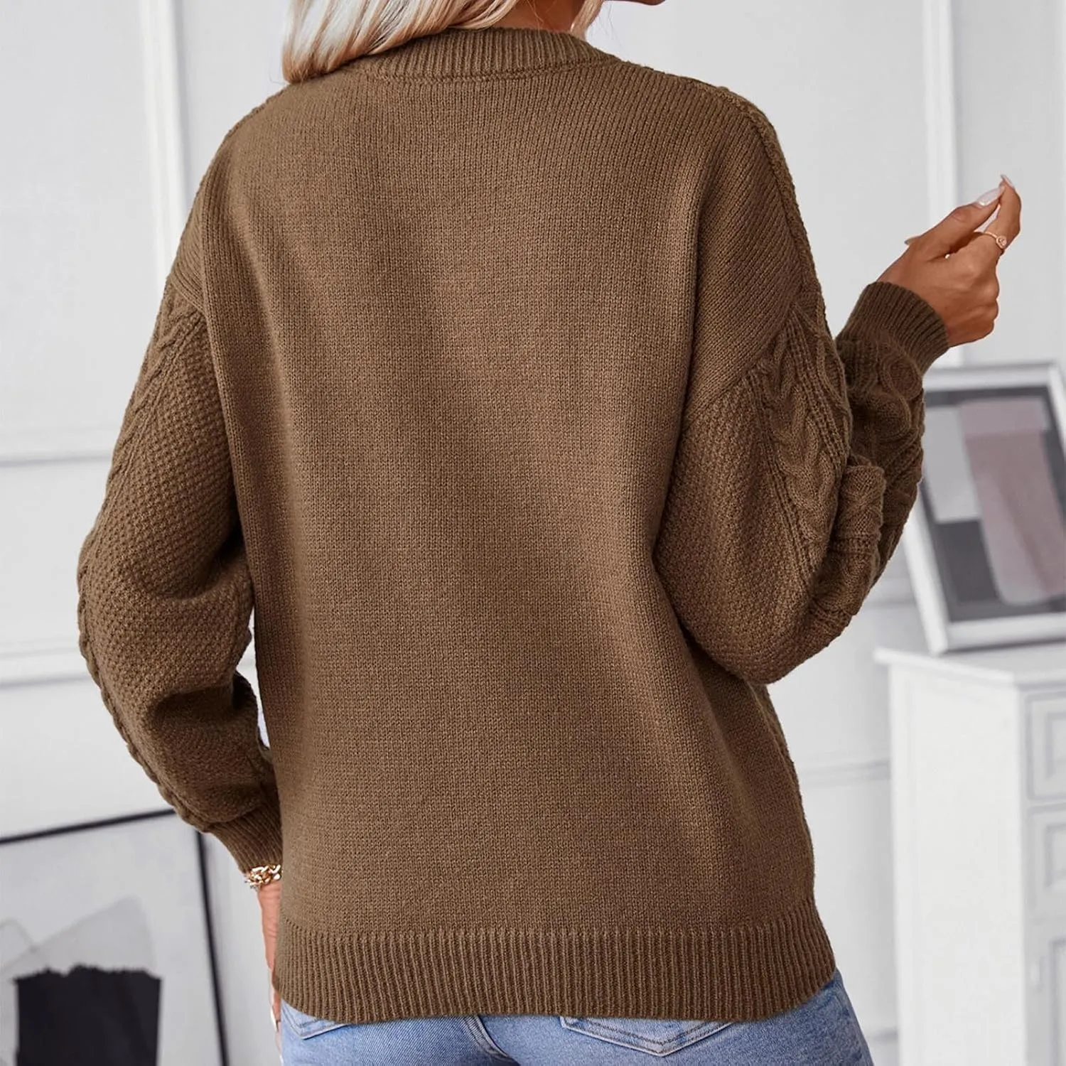 Womens Chunky Cable Knit Sweaters Fall Winter Crewneck Long Sleeve Pullover Sweater Loose Classic Fit Jumper Tops 2024