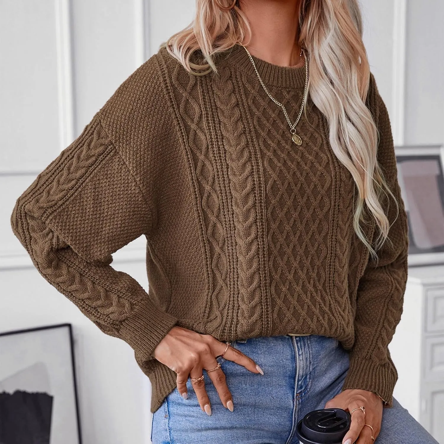 Womens Chunky Cable Knit Sweaters Fall Winter Crewneck Long Sleeve Pullover Sweater Loose Classic Fit Jumper Tops 2024