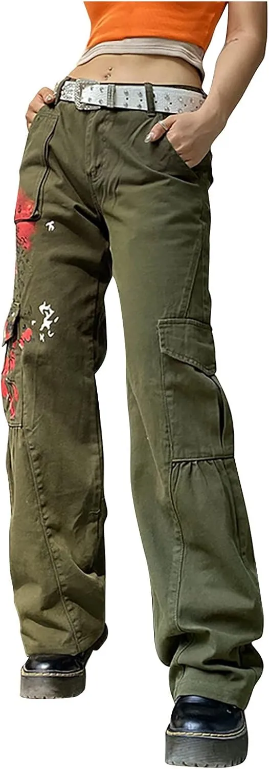Women's High Waist Baggy Jeans Flap Pocket Relaxed Fit Straight Wide Leg Cargo Jeans Gothic Streetwear Denim Pants