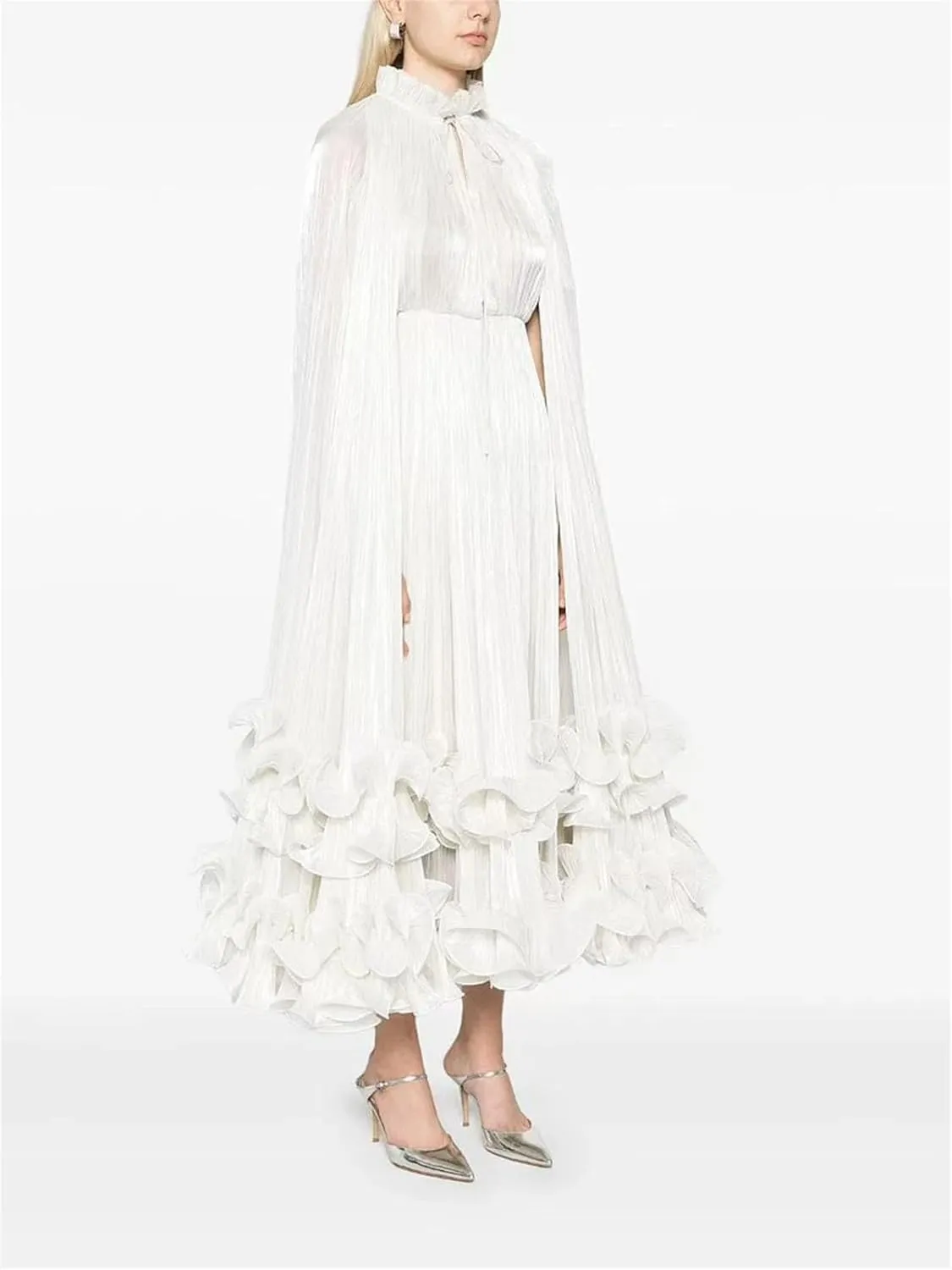 Women's Solid Color Elegant Splicing Ruffle Dress Lapel Long Sleeve High Waist Tie A-Line Skirt