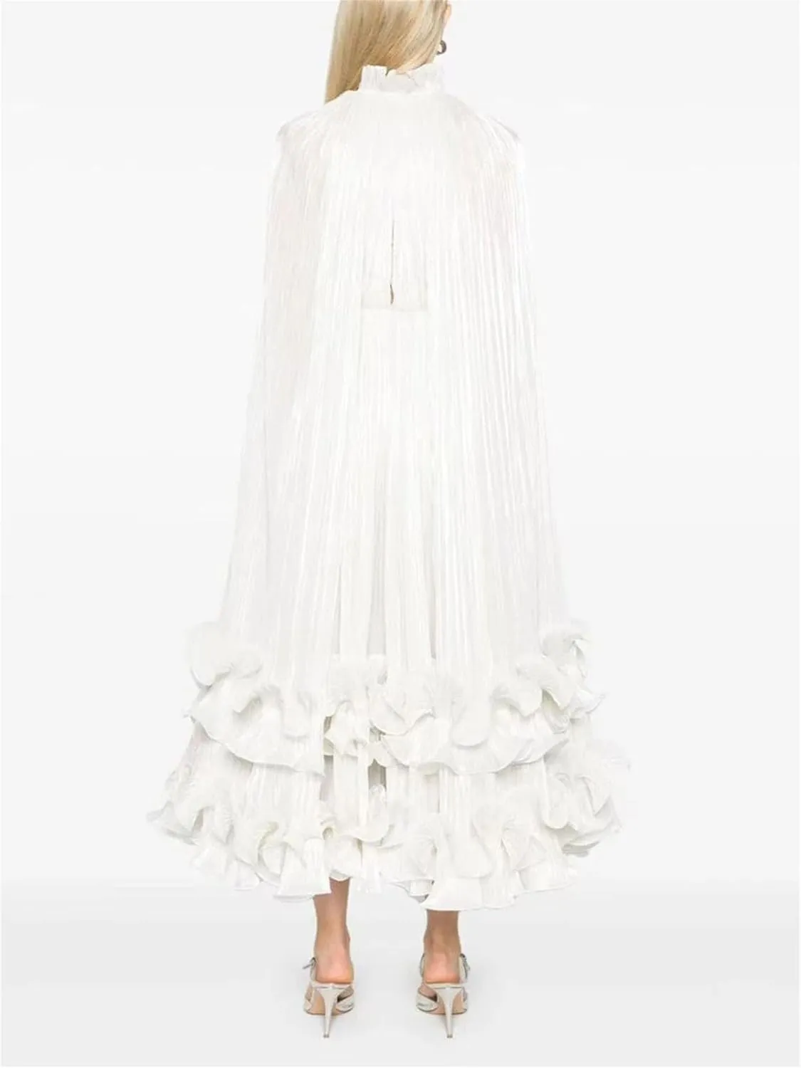 Women's Solid Color Elegant Splicing Ruffle Dress Lapel Long Sleeve High Waist Tie A-Line Skirt