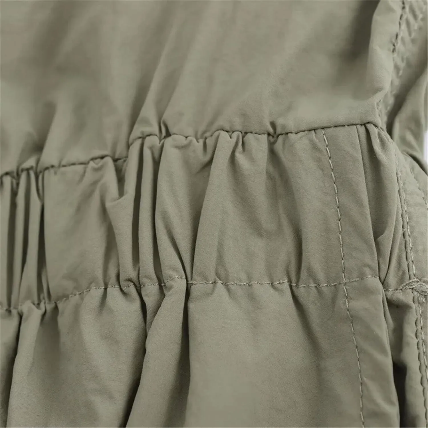 Women's Stand-Up Collar Long Sleeve Pleated Pocket Mid-Length Skirt Layered Hem Office Casual Skirt
