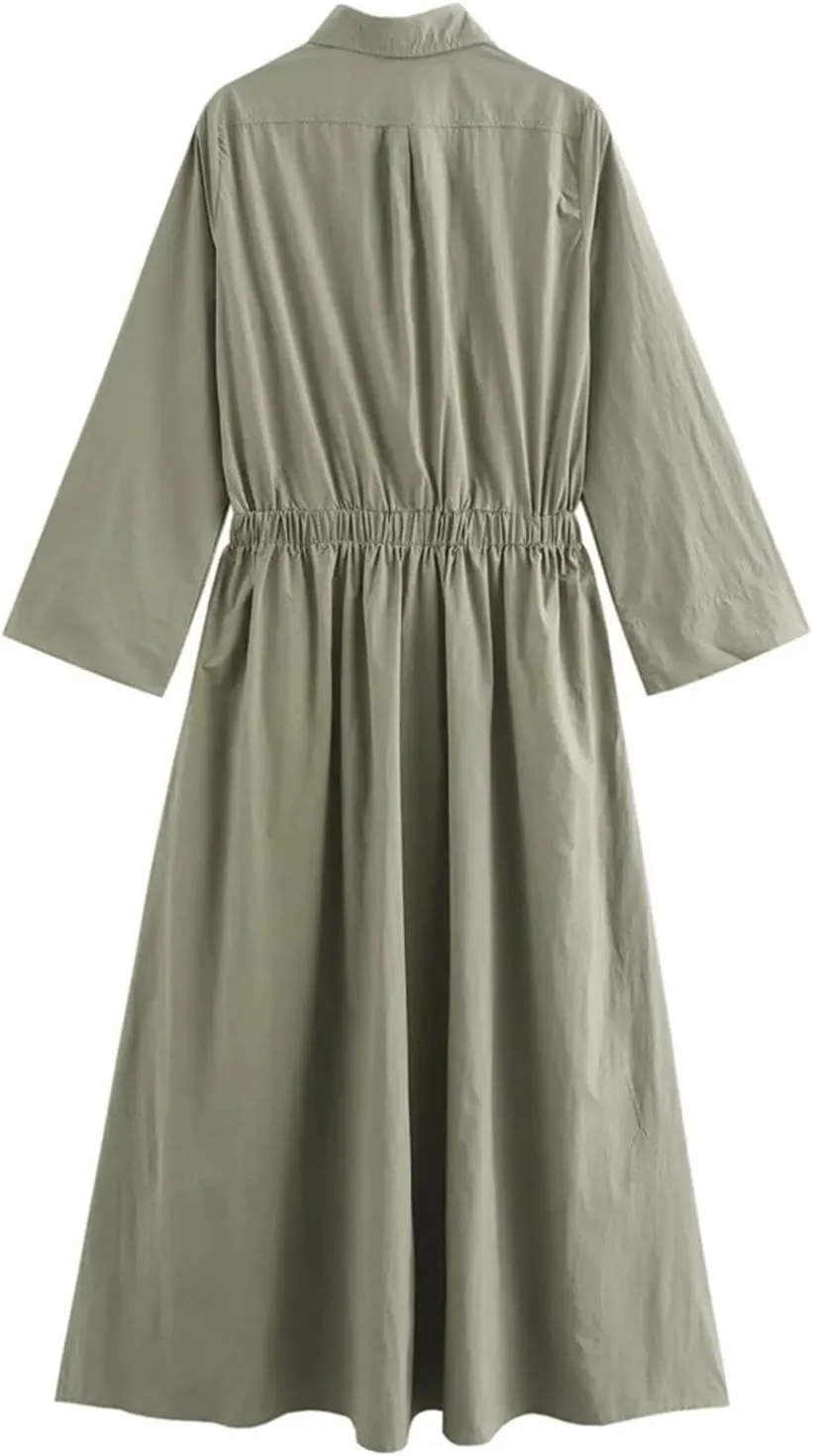 Women's Stand-Up Collar Long Sleeve Pleated Pocket Mid-Length Skirt Layered Hem Office Casual Skirt