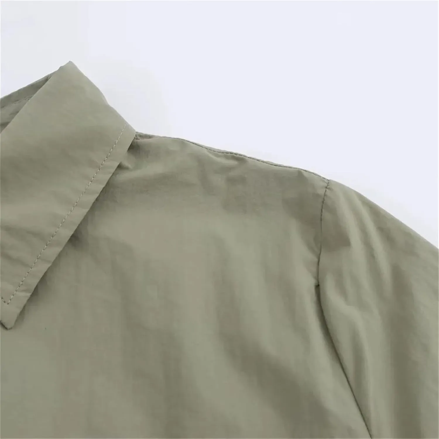 Women's Stand-Up Collar Long Sleeve Pleated Pocket Mid-Length Skirt Layered Hem Office Casual Skirt