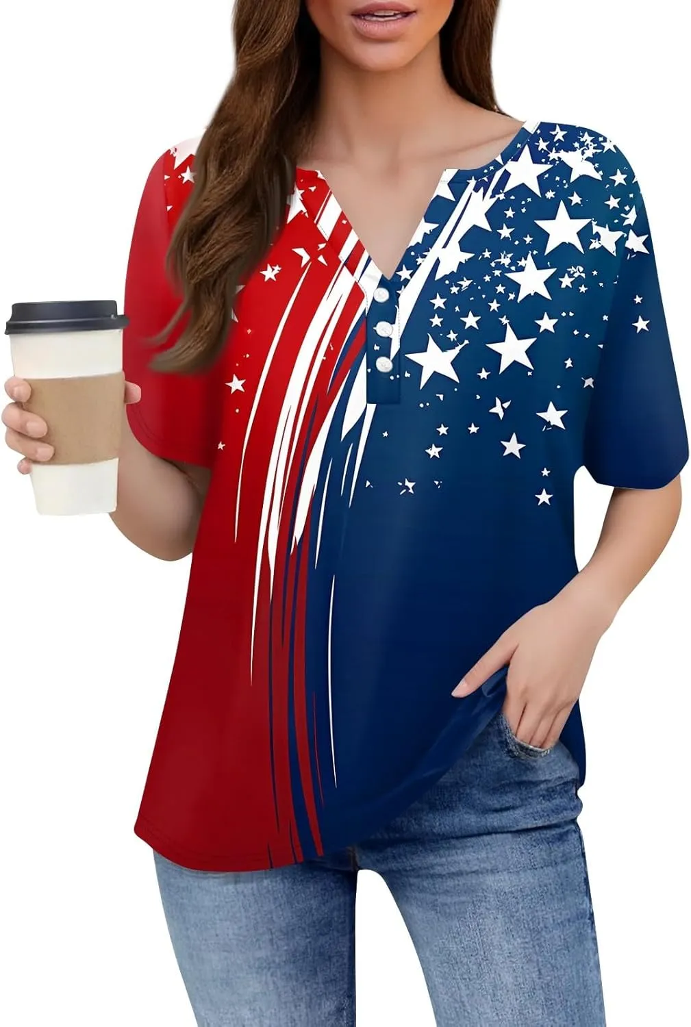 Womens Summer Tops Casual V Neck Star Print Short Sleeve Blouse Summer Fashion Loose Fit Shirts for Everyday Wear