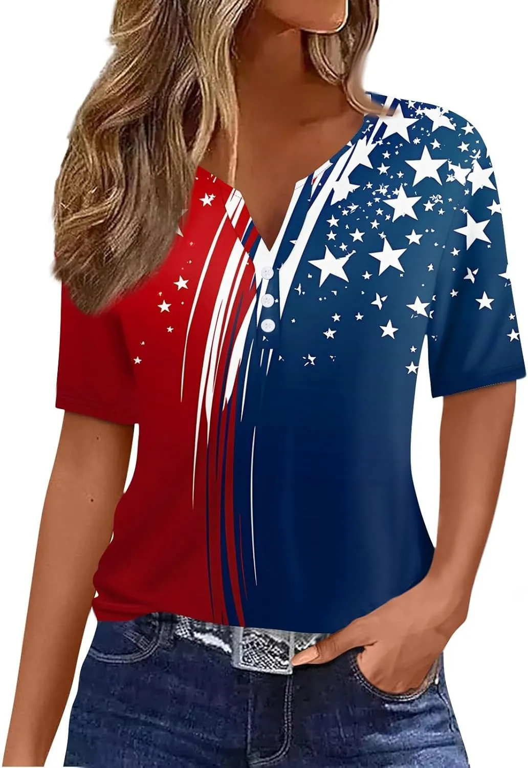 Womens Summer Tops Casual V Neck Star Print Short Sleeve Blouse Summer Fashion Loose Fit Shirts for Everyday Wear